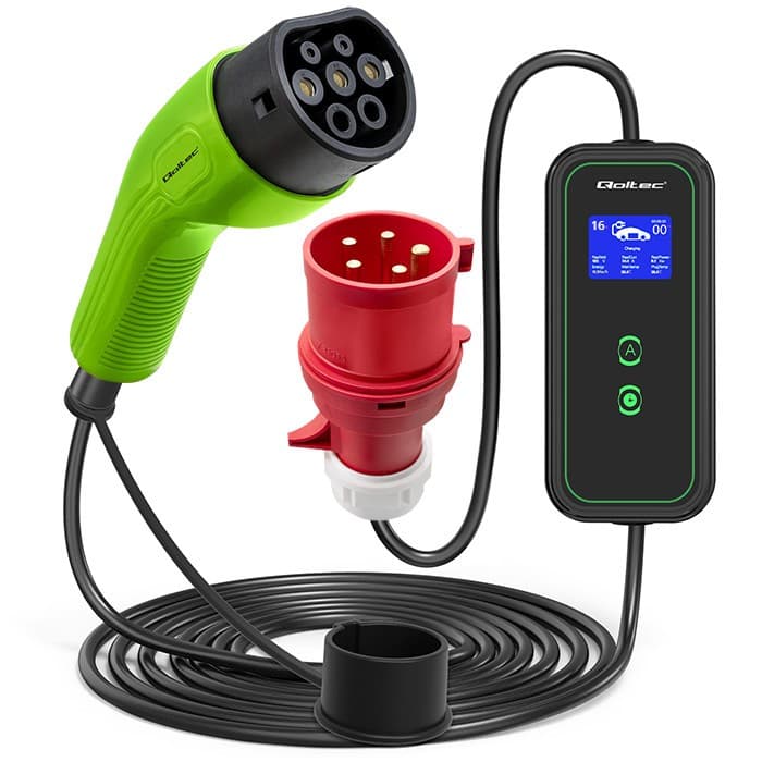 Qoltec Mobilna ładowarka do samochodu elektrycznego EV z regulacją 2w1 Typ2 | 11kW | CEE 5 PIN | LCD | 3 fazy | Przenoœna | Wallbox | 5m