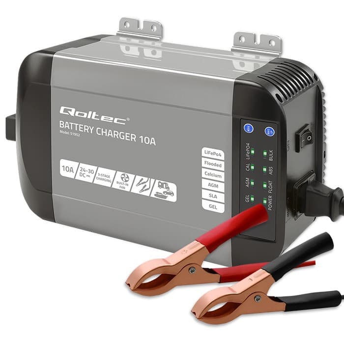 Qoltec Inteligentna ładowarka Monolith do akumulatorów LiFePO4 AGM GEL SLA | 10A | 24V