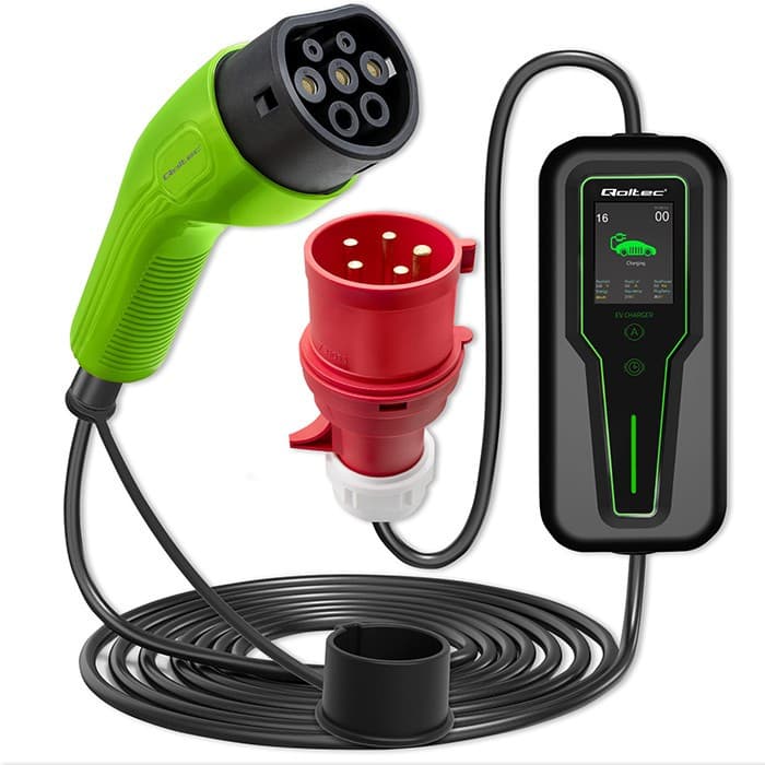 Qoltec Mobilna ładowarka do samochodu elektrycznego EV z regulacją 2w1 Typ2 | 11kW | 3 Fazy | CEE 5 PIN | LCD | Przenośna | Wallbox | 5m