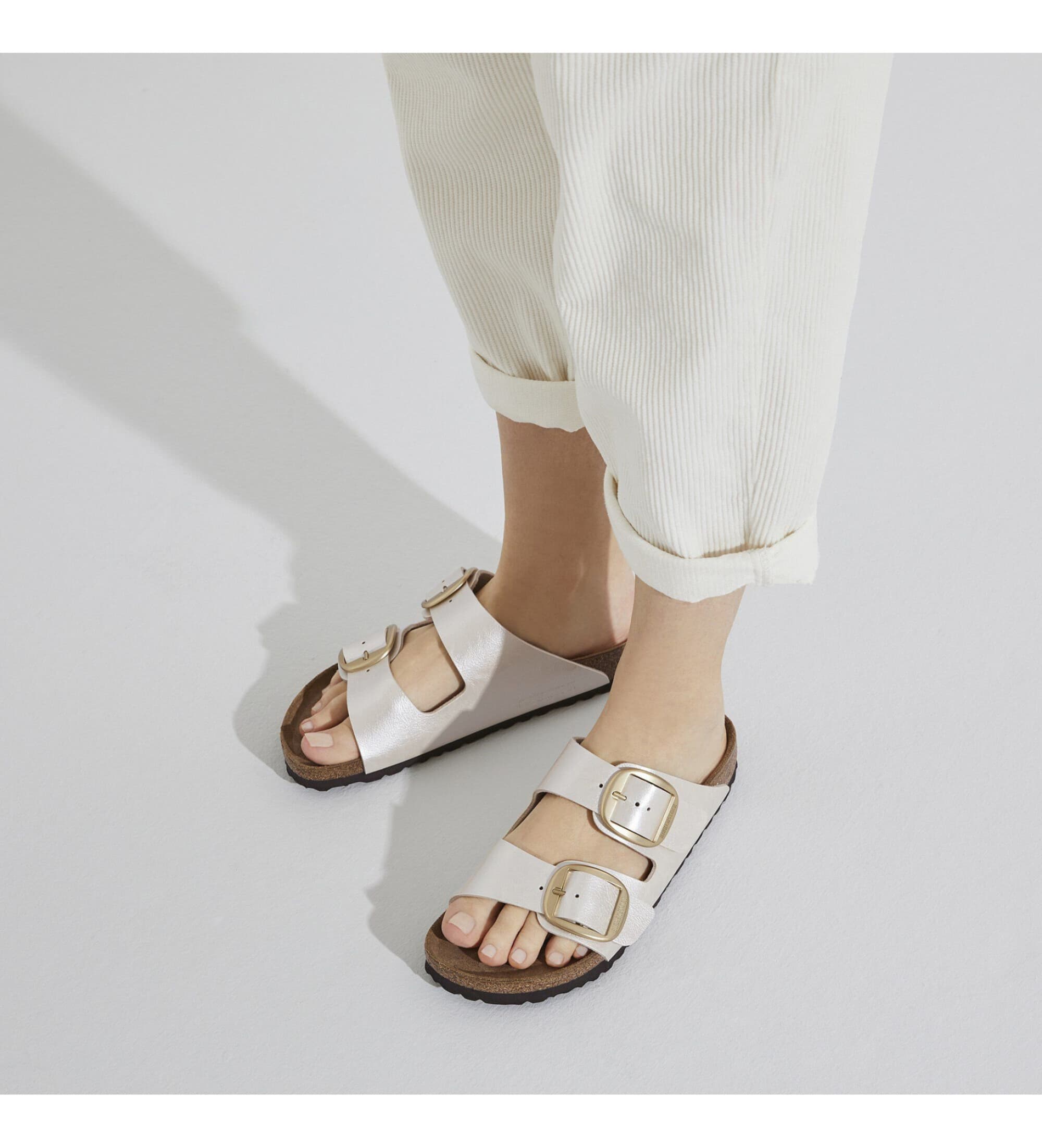 Birkenstock dla kobiet. 1020021 Sandały Arizona Big Buckle białe (Wąskie dopasowanie) złoto perłowe (40), Dorado, M