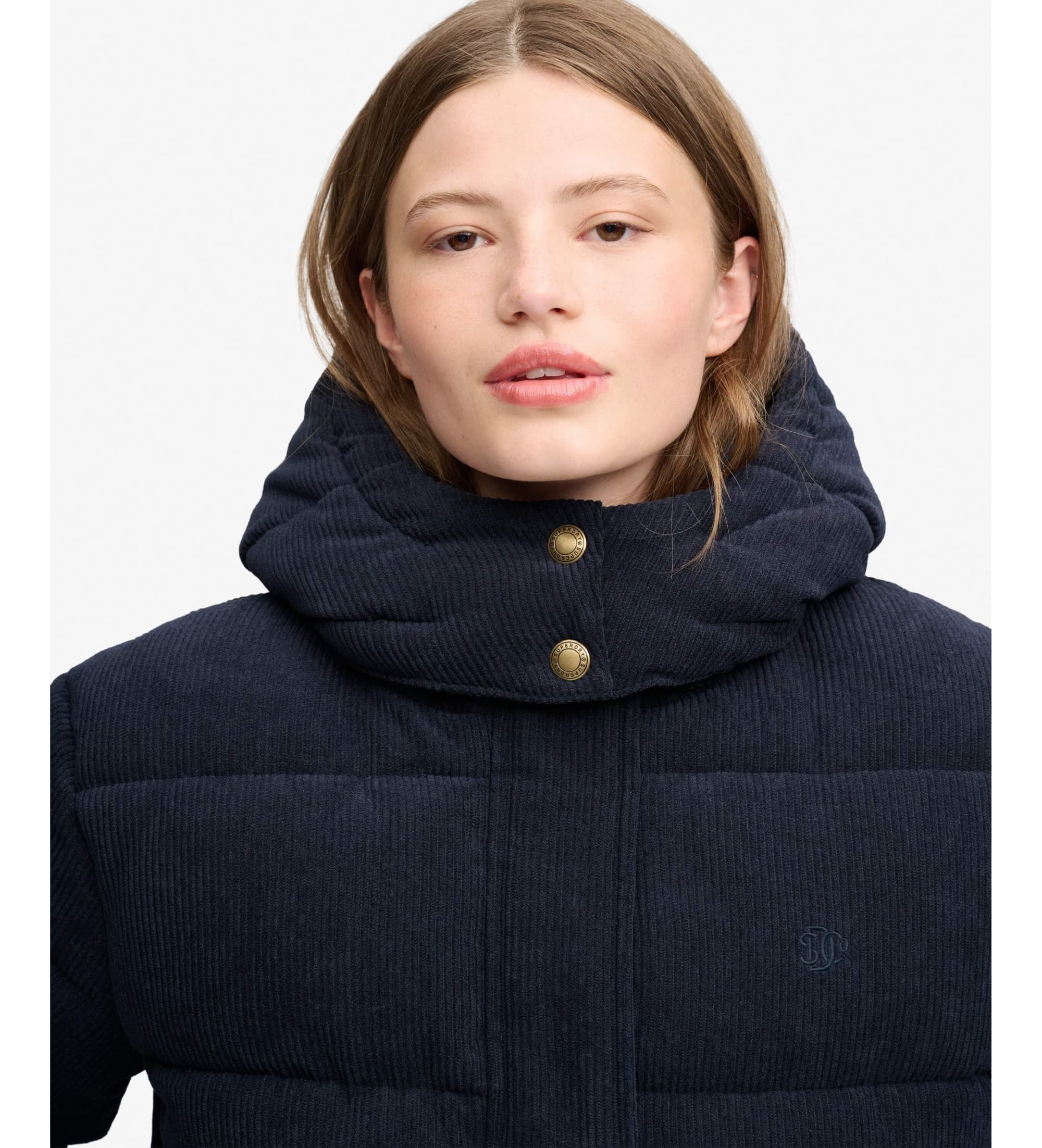 Superdry dla kobiet. W5012208A Kurtka Pikowana Premium Sztruksowa z Kapturem granatowa (10 UK = S), Zwykły, Pana, Marino
