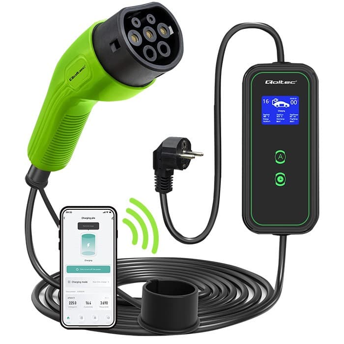 Qoltec Mobilna ładowarka do samochodu EV z regulacją 2w1 Typ2 | 3.5kW | 230V | WiFi | LCD | Przenoœna | Wallbox | 5m