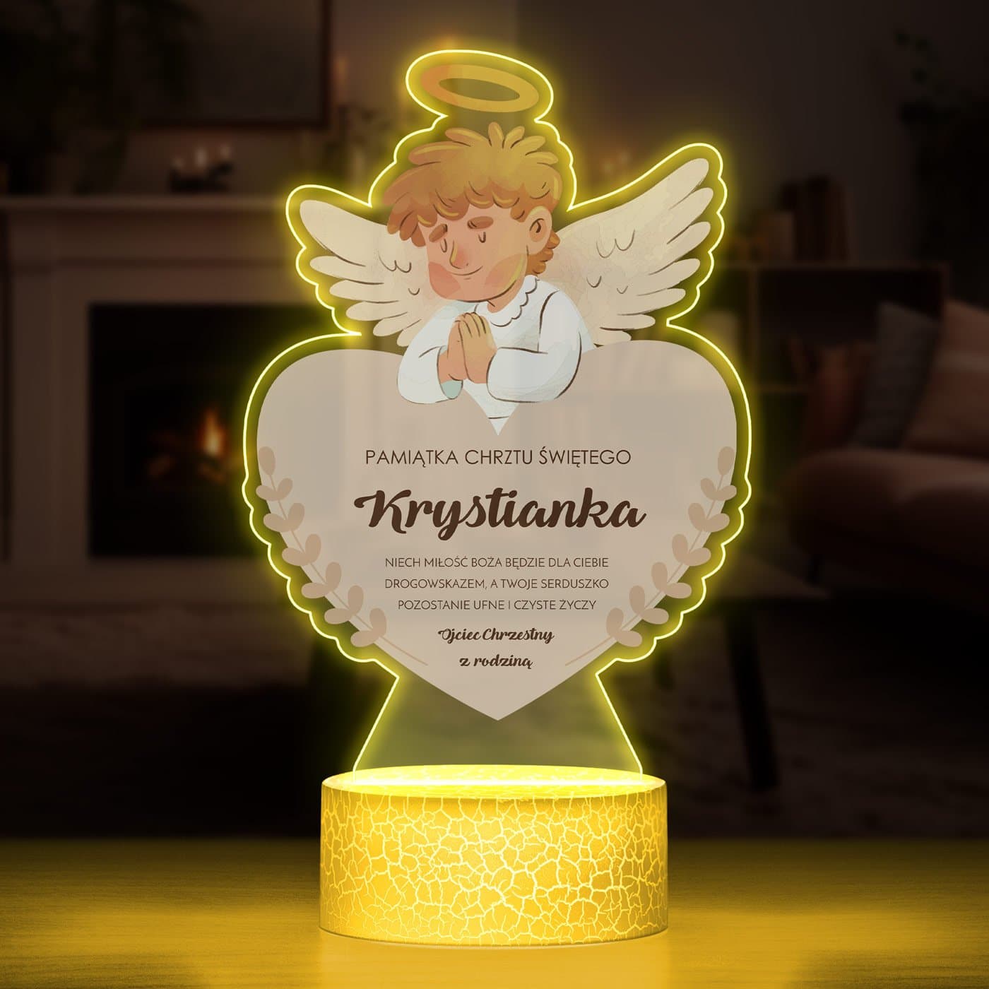 Lampka LED L 3D z nadrukiem na szkle akrylowym dla chłopca na chrzest