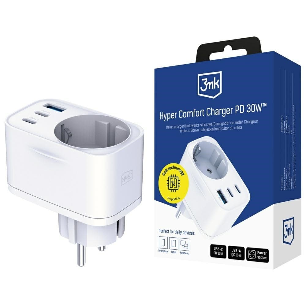 3MK Adapter sieciowy Hyper Charger 30W 1xUSB-A 2xUSB-C 1x Schuko PD QC 3.0 białt